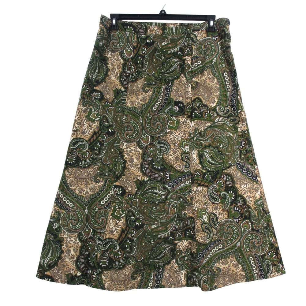 Elementz‎ Green Tan Paisley A-Line Midi Skirt Womens Large MMOK0147 Boho Stretch